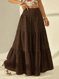 Bohemian Tiered Maxi Skirt, High-Waist Smocked A-Line Flowy Long Skirt, Casual Loose Pleated Solid Color Skirt for Beach Vacation Daily Wear, Women'S Fashion - Coffee Brown