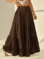 Bohemian Tiered Maxi Skirt, High-Waist Smocked A-Line Flowy Long Skirt, Casual Loose Pleated Solid Color Skirt for Beach Vacation Daily Wear, Women'S Fashion - Coffee Brown
