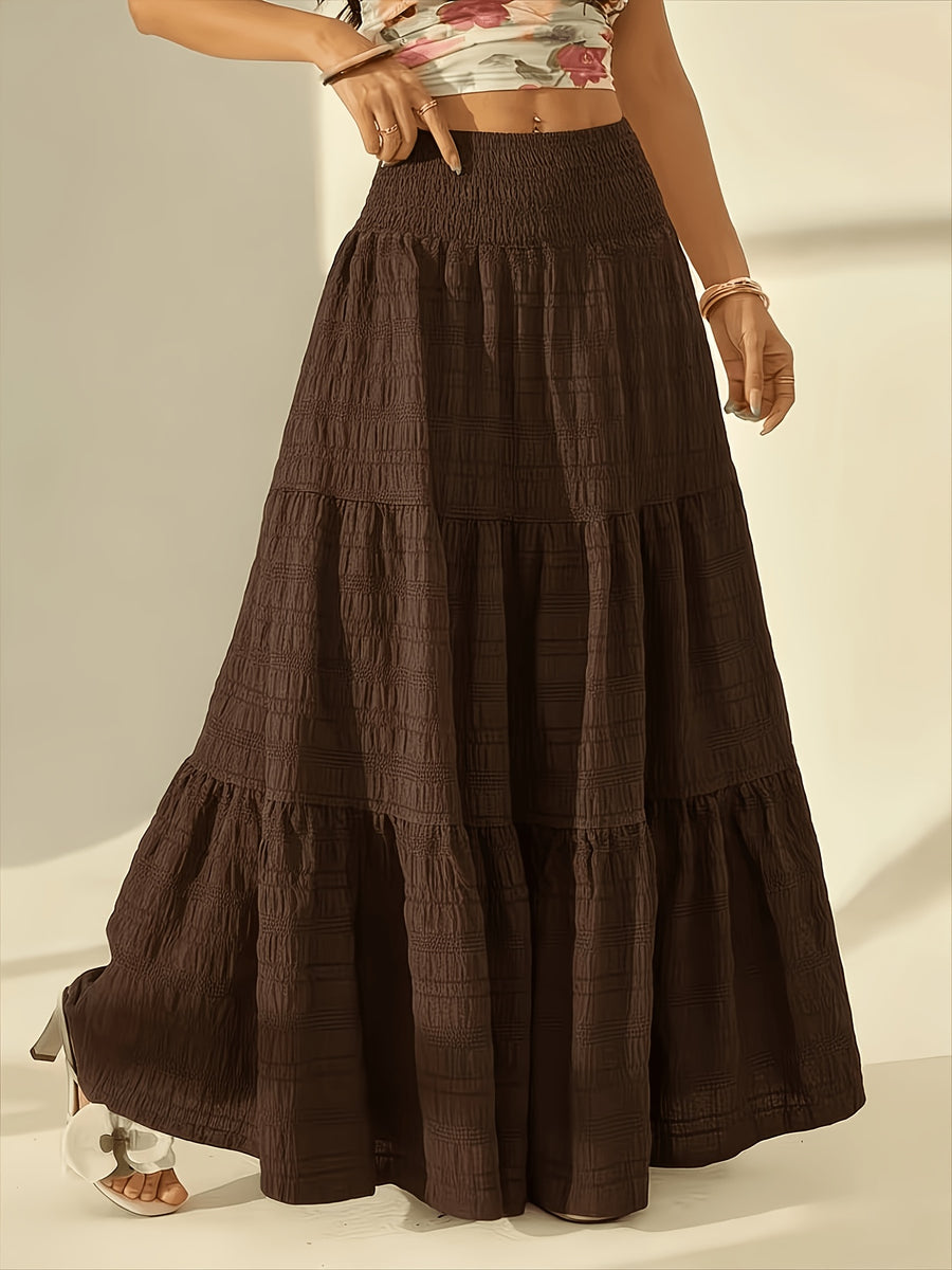 Bohemian Tiered Maxi Skirt, High-Waist Smocked A-Line Flowy Long Skirt, Casual Loose Pleated Solid Color Skirt for Beach Vacation Daily Wear, Women'S Fashion - Coffee Brown