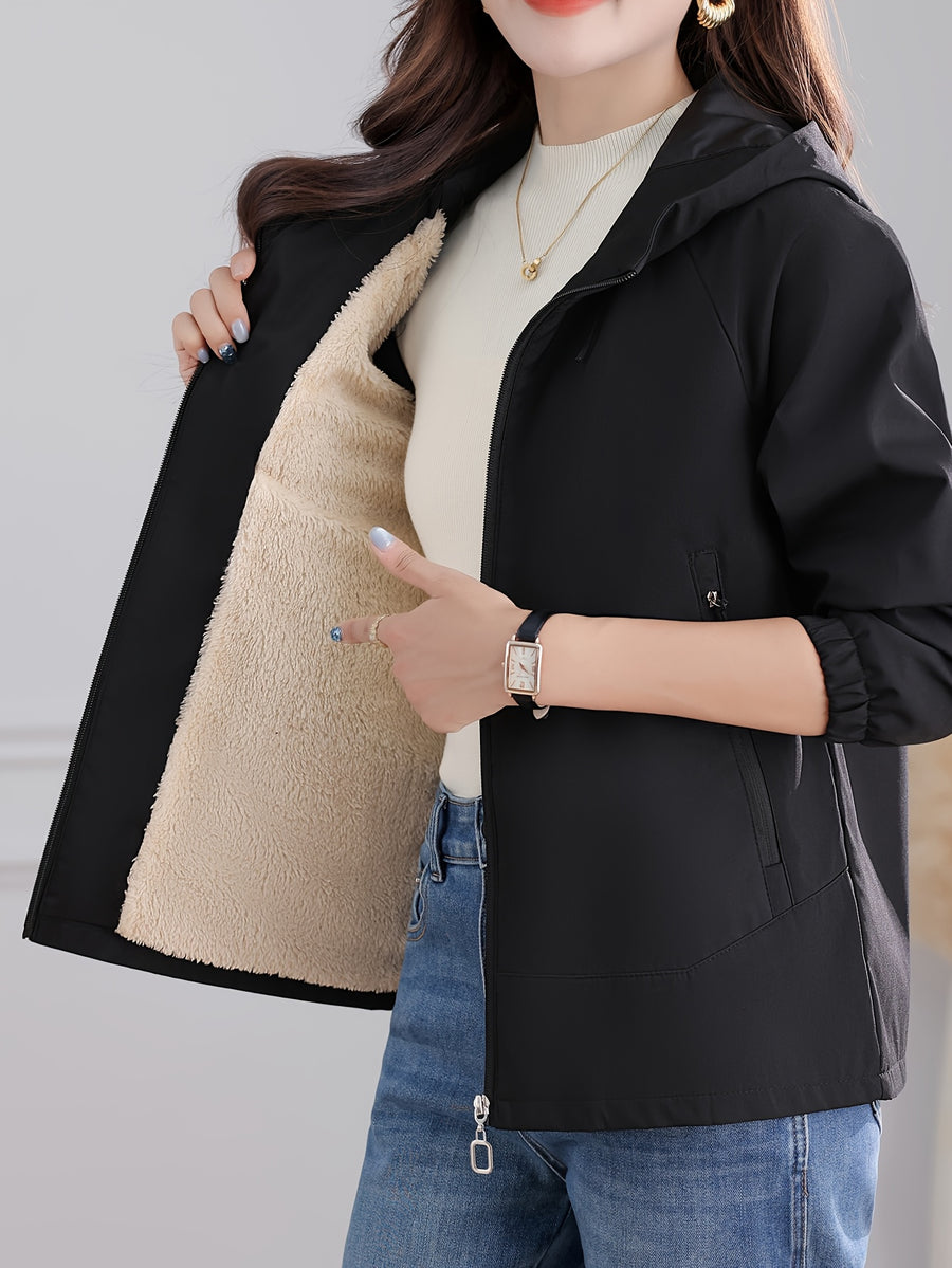 Autumn/Winter -Lined Jacket, Outdoor Hooded Women's Top for Daily Outings, Loose Fit Long-Sleeve Cardigan, Wear-Resistant, Thickened, and Warm for Commuting, Strolling, Hiking, Simple and Versatile Women's Outdoor Casual Top - Black