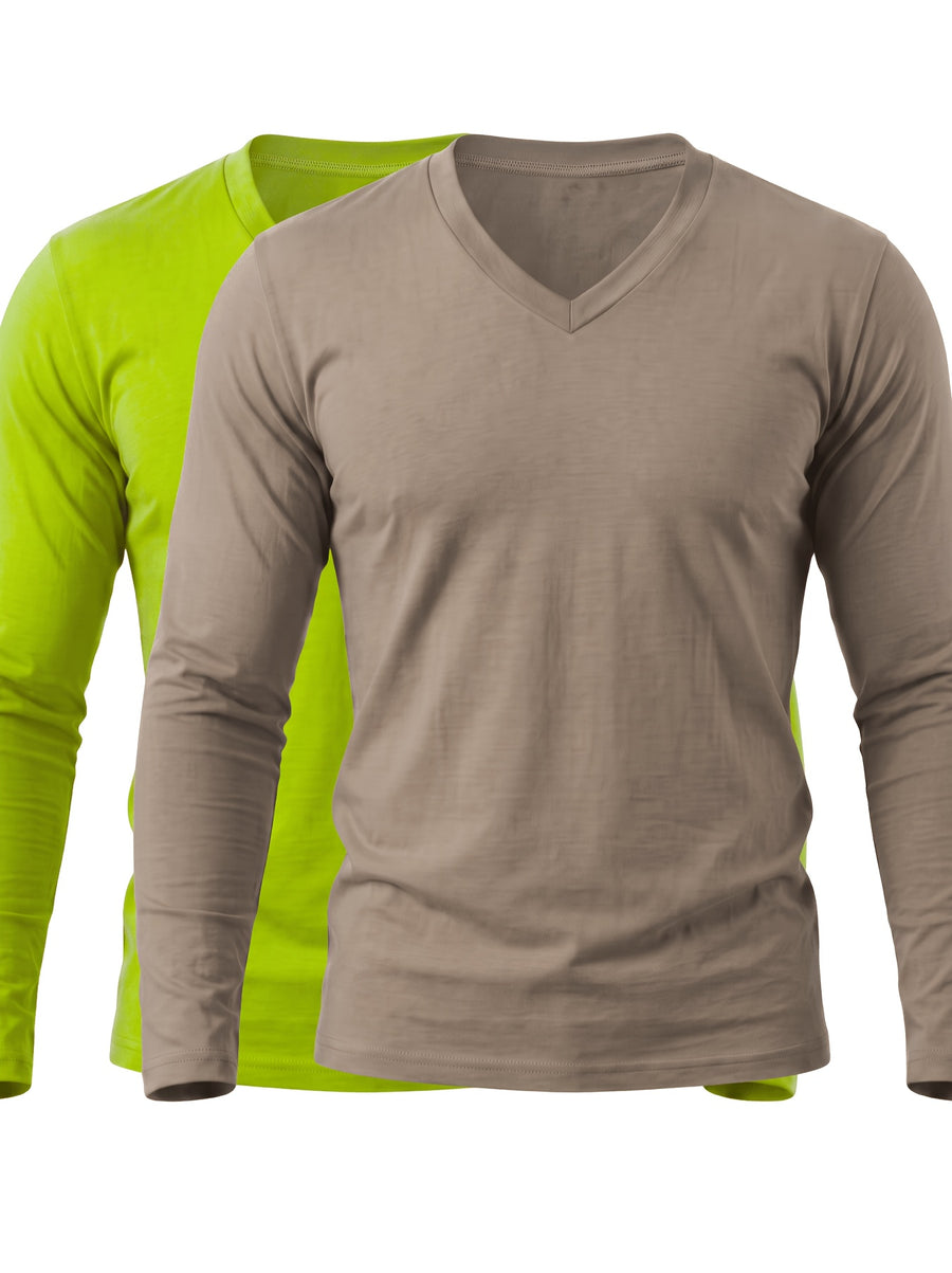 2pcs Set of Cool Fresh V-Neck Long Sleeve T-Shirts, Smooth Elastic Fabric Men'S Top Western Summer Soft Fabric, T-Shirt Home Wear Men'S Casual Top, Inner Layer, Multi-Scene, Suitable for Various Styles, Travel, Business, Golf, Countryside Travel - Red-gray + green-blue