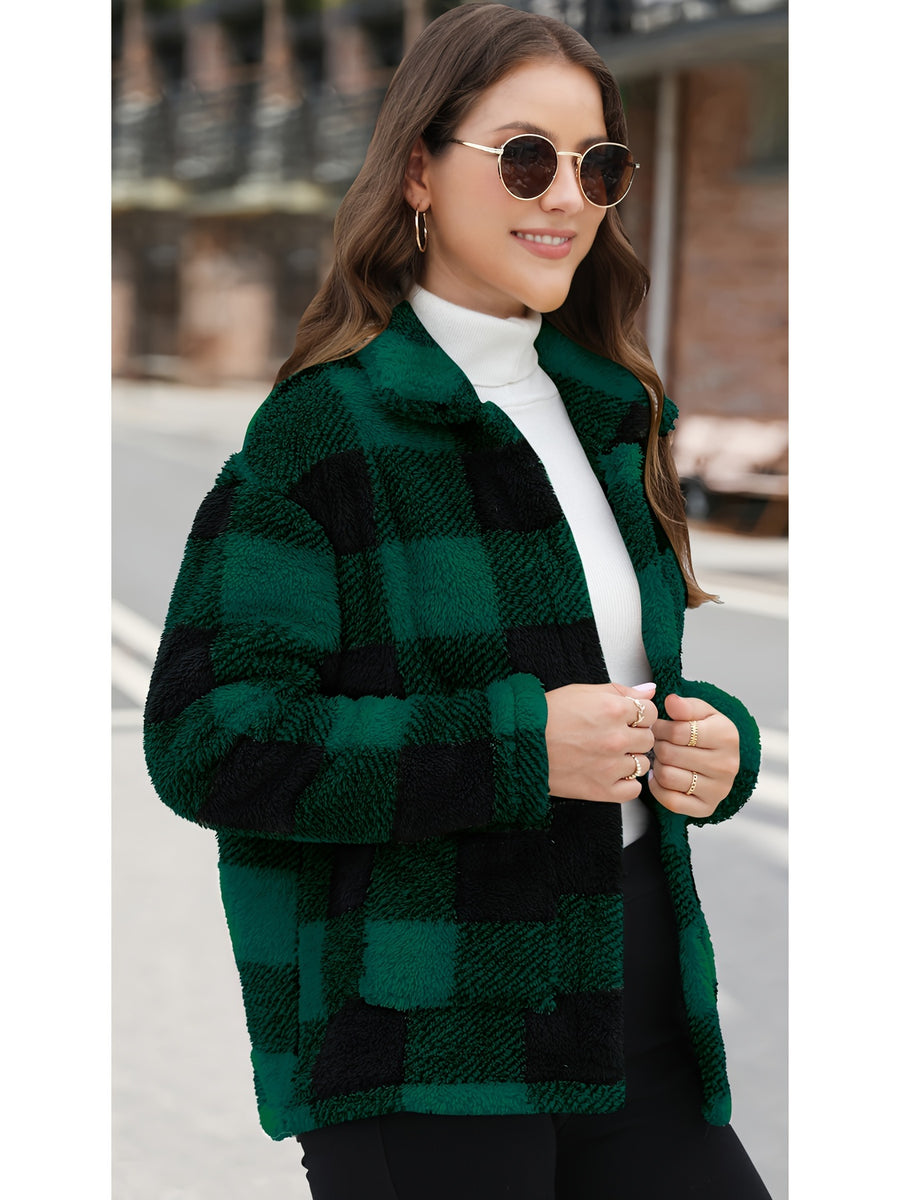 Plaid Print Patched Pockets Teddy Coat, Versatile Long Sleeve Single Breasted Winter Outwear, Women's Clothing - Dark Green