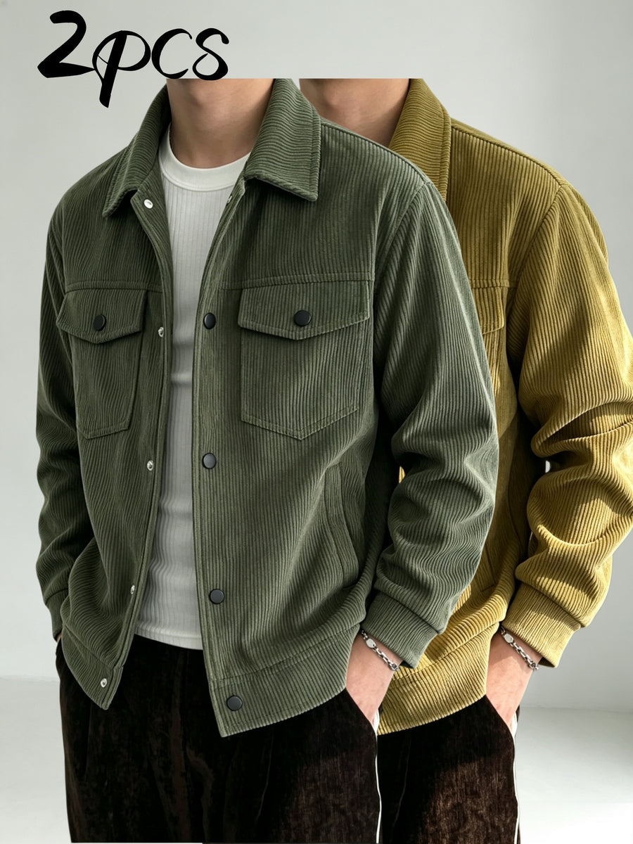 2pcs Men's Lapel Snap Button Jacket, Corduroy Texture Multi-Pocket Outerwear, Autumn/Winter Simple Vintage Casual Men's 2pcs Set - Army Green+Khaki