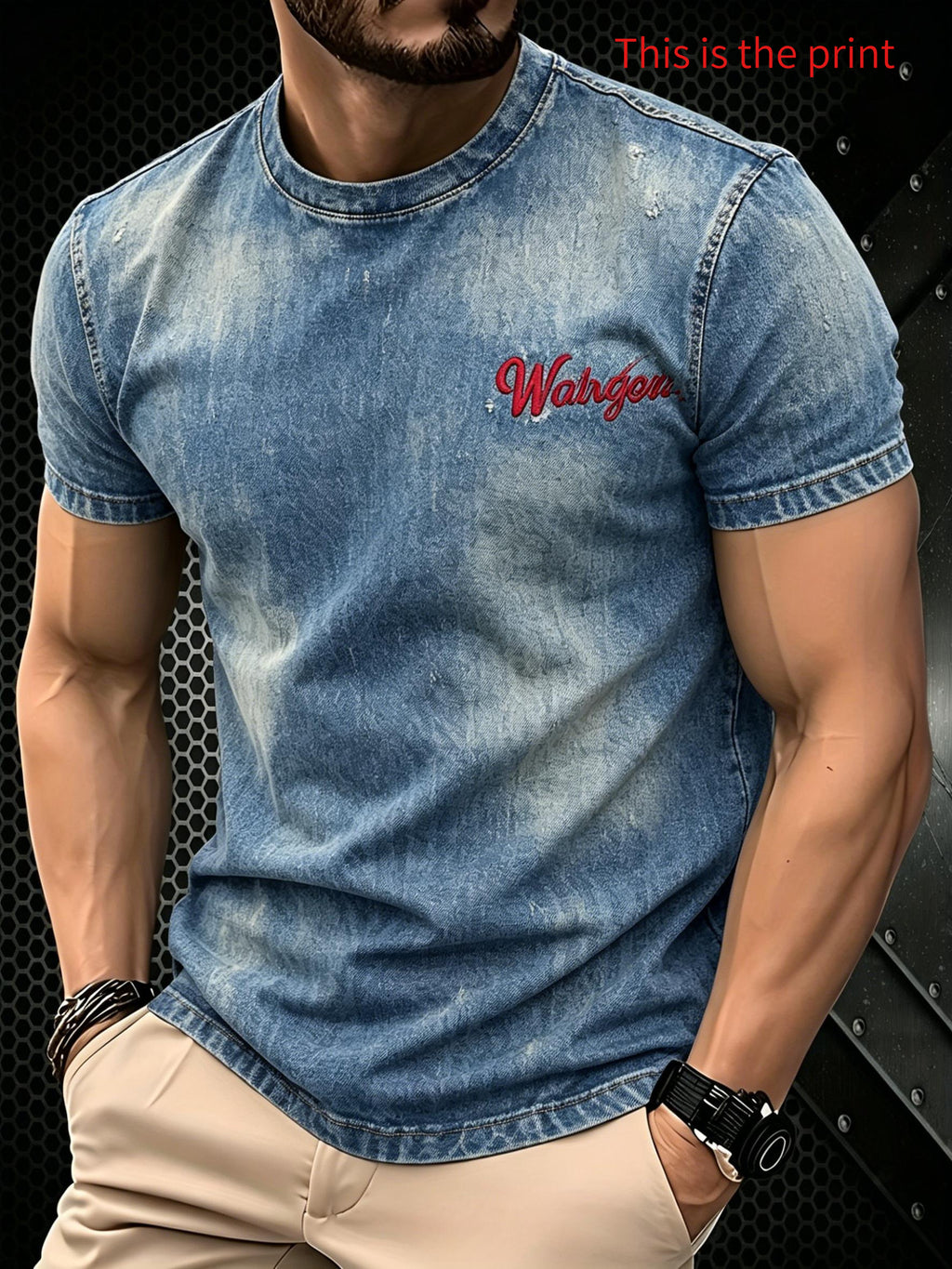 Print Design Not Textured/Embroidered/Sequins Not JEAN This Is The Print Summer Men'S Faux Denim Blue Red Label Print Short Sleeve T-Shirt Comfortable Suitable for Daily Casual Street Wear - Mixed colors