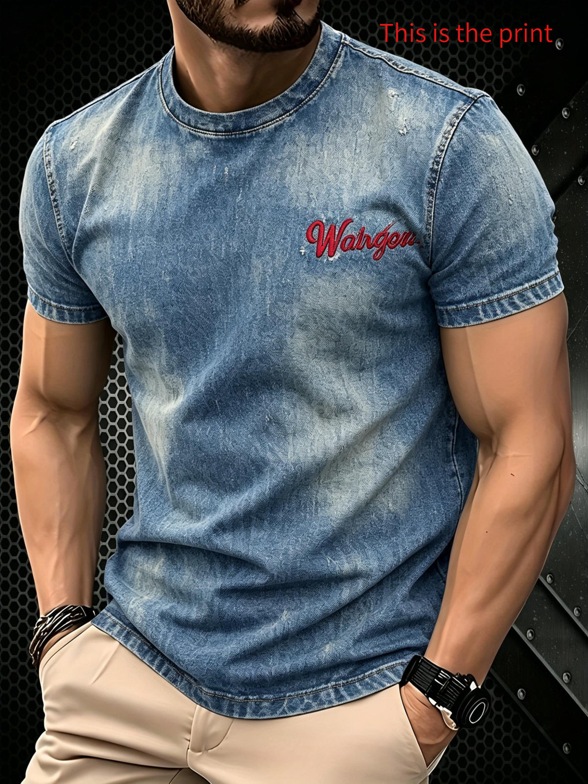 Print Design Not Textured/Embroidered/Sequins Not JEAN This Is The Print Summer Men'S Faux Denim Blue Red Label Print Short Sleeve T-Shirt Comfortable Suitable for Daily Casual Street Wear - Mixed colors