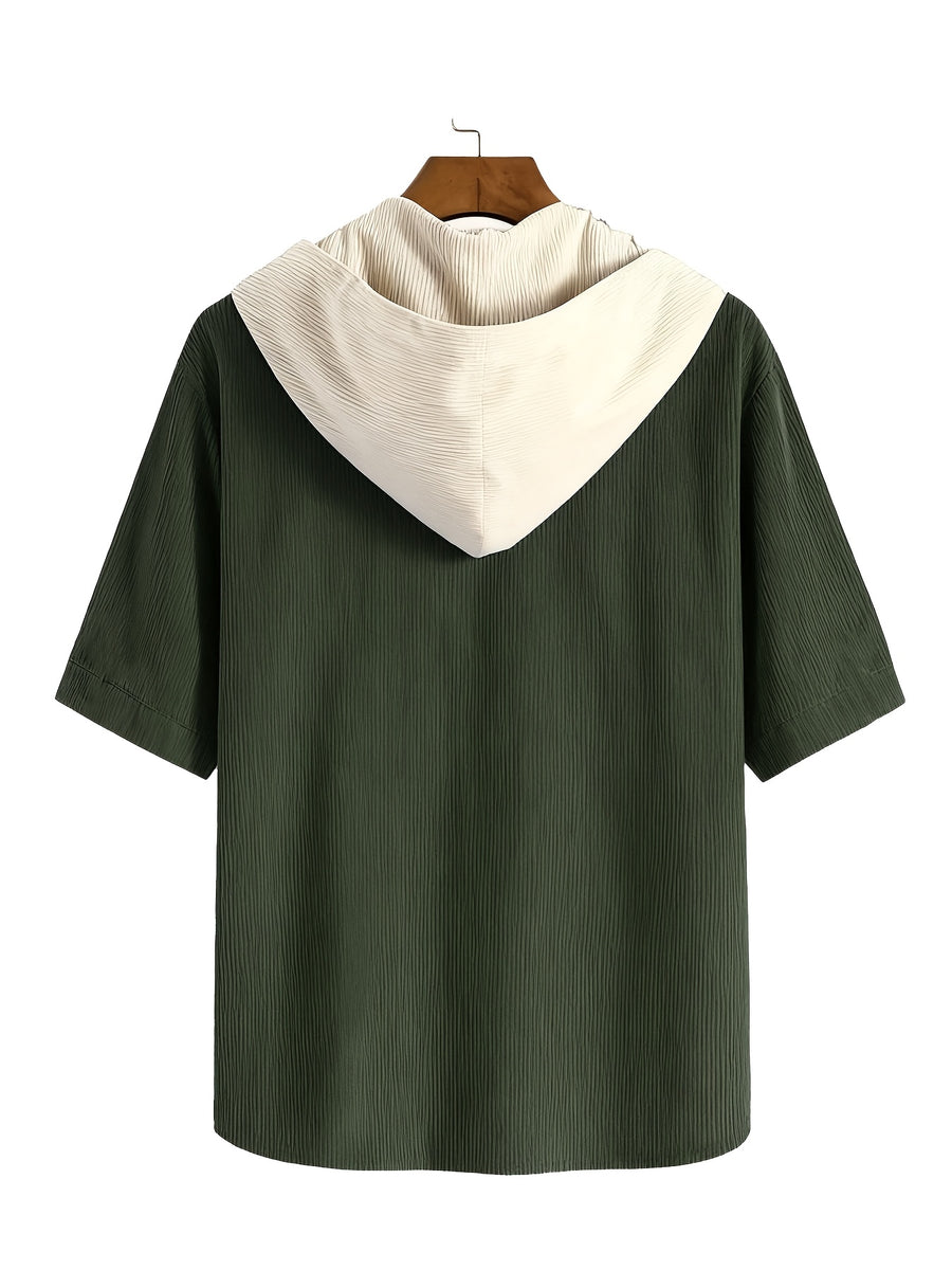 2026 New Men'S Corduroy Short Sleeve Hooded Sweatshirt, Fashionable Versatile Jacket, Comfortable Trendy Top, Suitable for Casual Outdoor Daily Wear - fern green