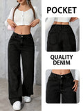 Women's Vintage Washed Jeans - Relaxed Straight Leg, Stretch Casual Pants, Classic Five-Pocket Design, All-Season Comfort, Durable Fabric, Wide-Leg Trousers, Easy Style - Black