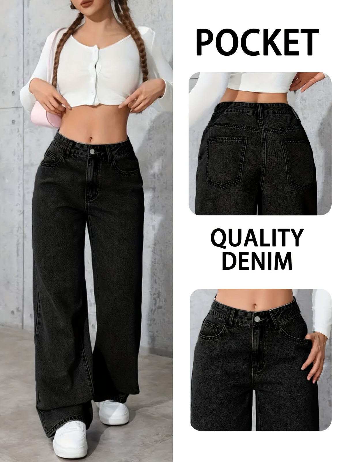 Women's Vintage Washed Jeans - Relaxed Straight Leg, Stretch Casual Pants, Classic Five-Pocket Design, All-Season Comfort, Durable Fabric, Wide-Leg Trousers, Easy Style - Black