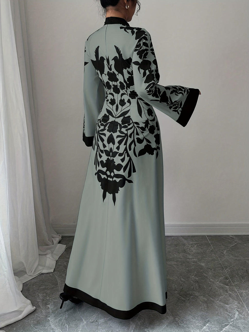 Fashionable Elegant Faux Two-Piece Fall/Winter New Floral Print Long Sleeve Maxi Dress - Grey
