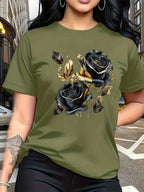A Stylish And Breathable T-Shirt Featuring a Luxurious Vintage Design with a Black And Golden Rose Pattern, Perfect for Family Trips, Campus Events, Casual, Daily Commutes, Matching Outfits for Sisters, And Versatile Wear - Green