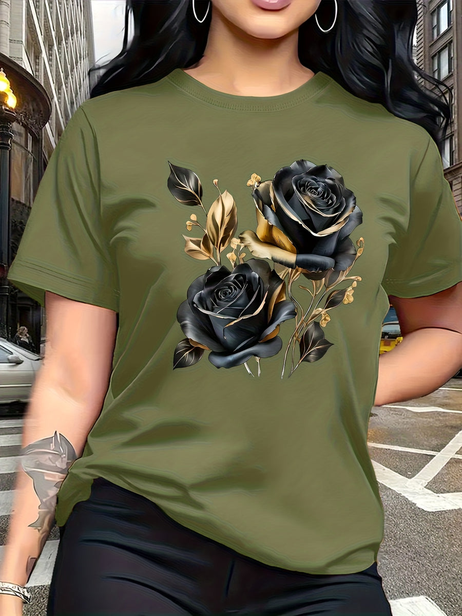 A Stylish And Breathable T-Shirt Featuring a Luxurious Vintage Design with a Black And Golden Rose Pattern, Perfect for Family Trips, Campus Events, Casual, Daily Commutes, Matching Outfits for Sisters, And Versatile Wear - Green