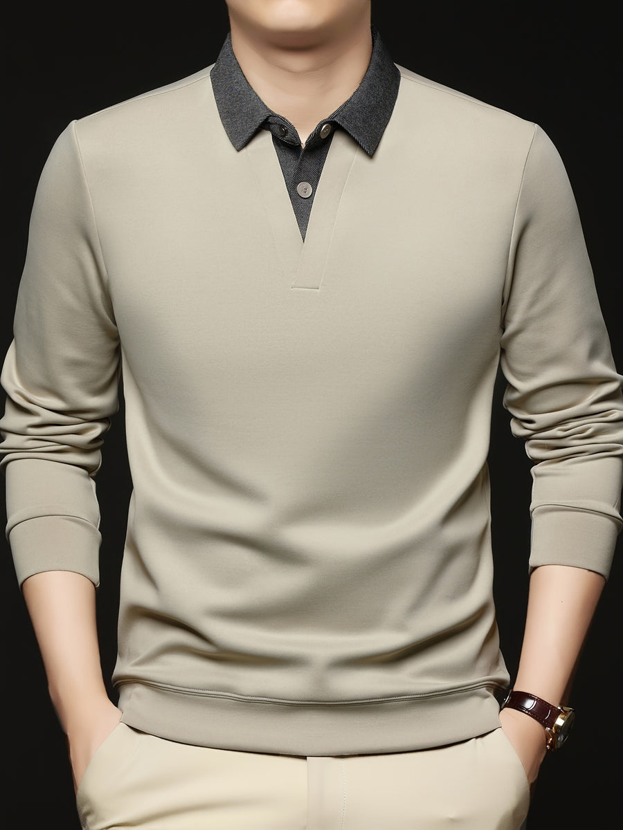 Men's Autumn/Winter 2-in-1 Look Polo Sweatshirt, Pullover Top, Business Casual, Daily Outings, Versatile and Durable, Warm and Comfortable, Ideal Gift Choice - Beige Color