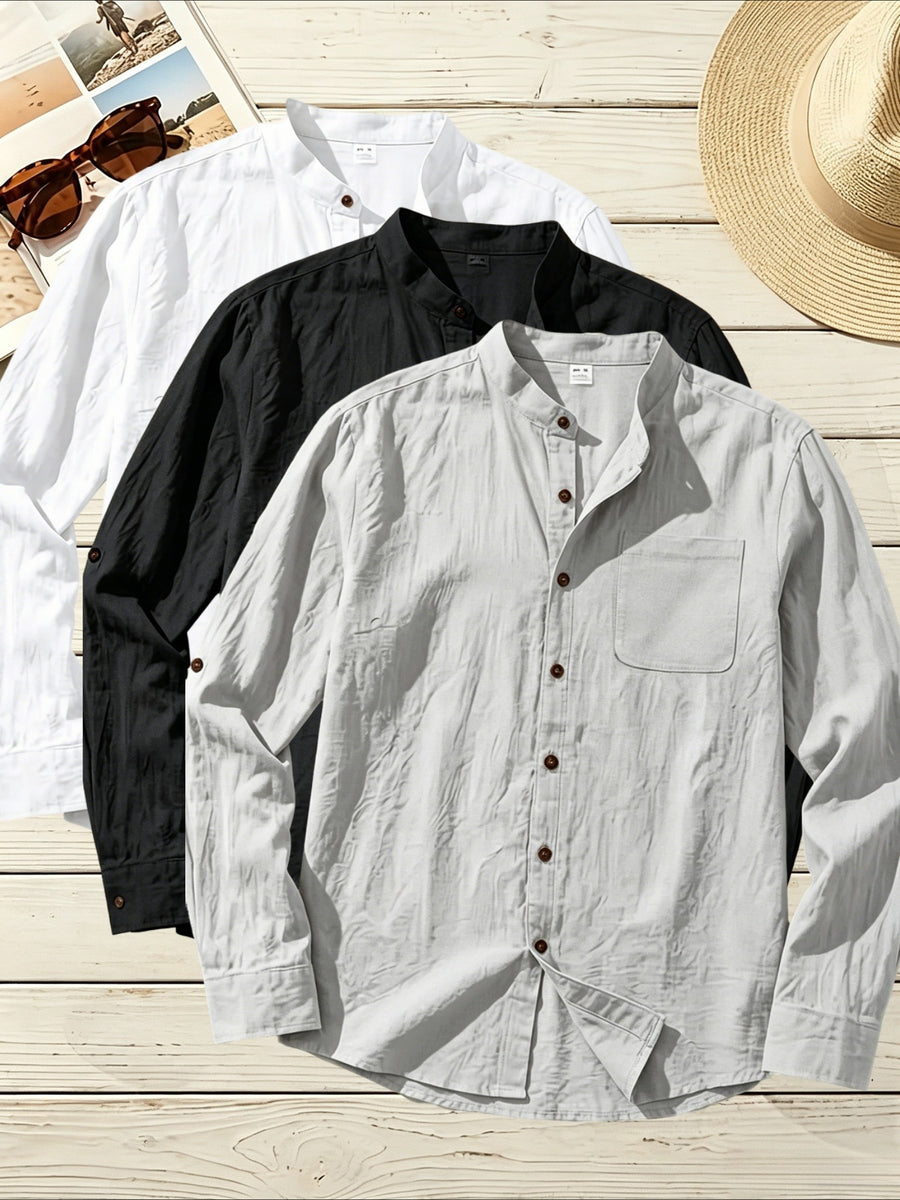 3pcs Men's Stand Collar Long Sleeve Linen Shirt for Travel, Vacation, Shopping, and Work Wear, Lightweight, Breathable, and Anti-Stuffy, Casual Relaxed Style, Spring/Summer Loose Straight Fit, Roll-Up Sleeve Design with Chest Pocket, Multiple Colors - Black+White+Gray