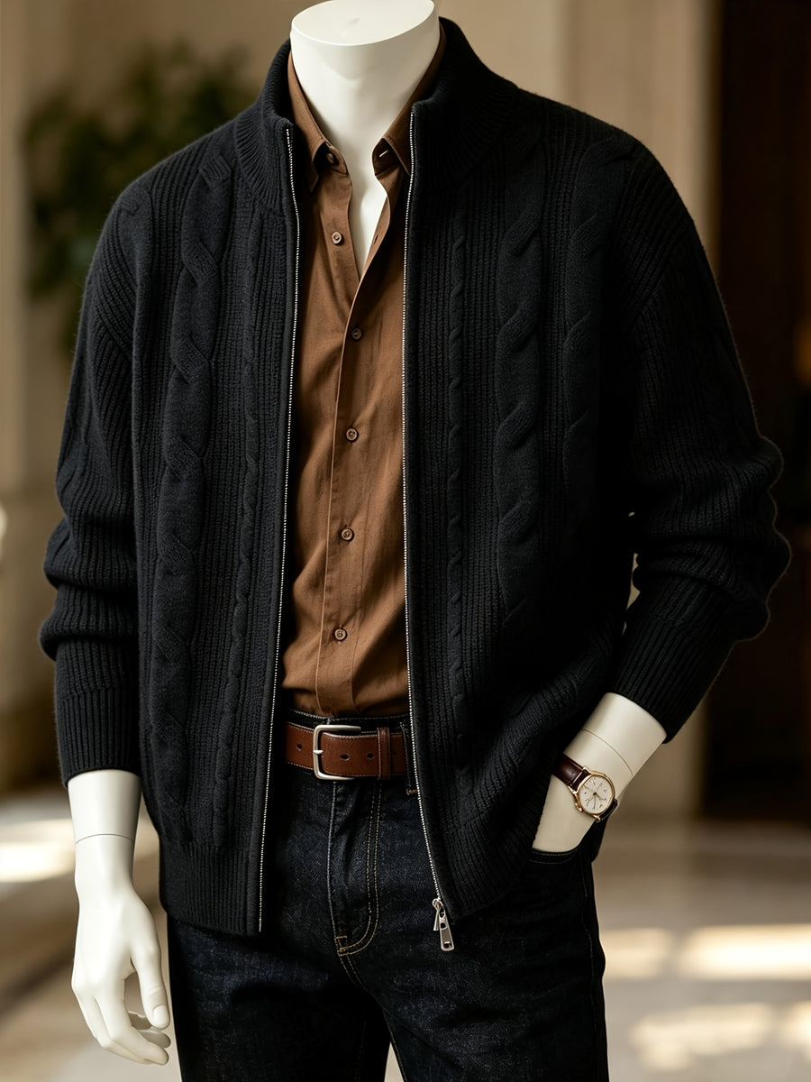 Men'S Light Luxury Old Money Style Casual Stand-Collar Sweater with Zipper, Fall/Winter Versatile Jacket - Black