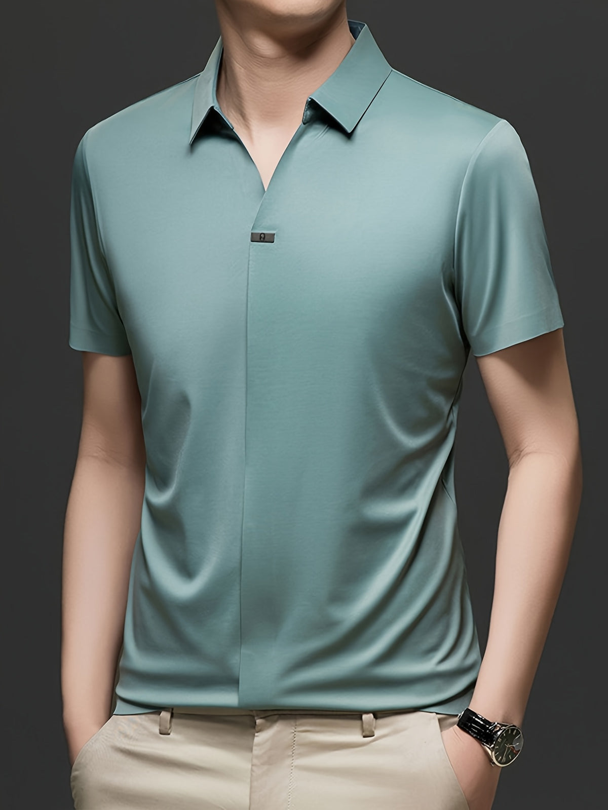 Summer New Men'S Short Sleeve Shirt Outerwear Fashion Trendy All-Match V-Neck Polo Collar - SINBOS - Light Green