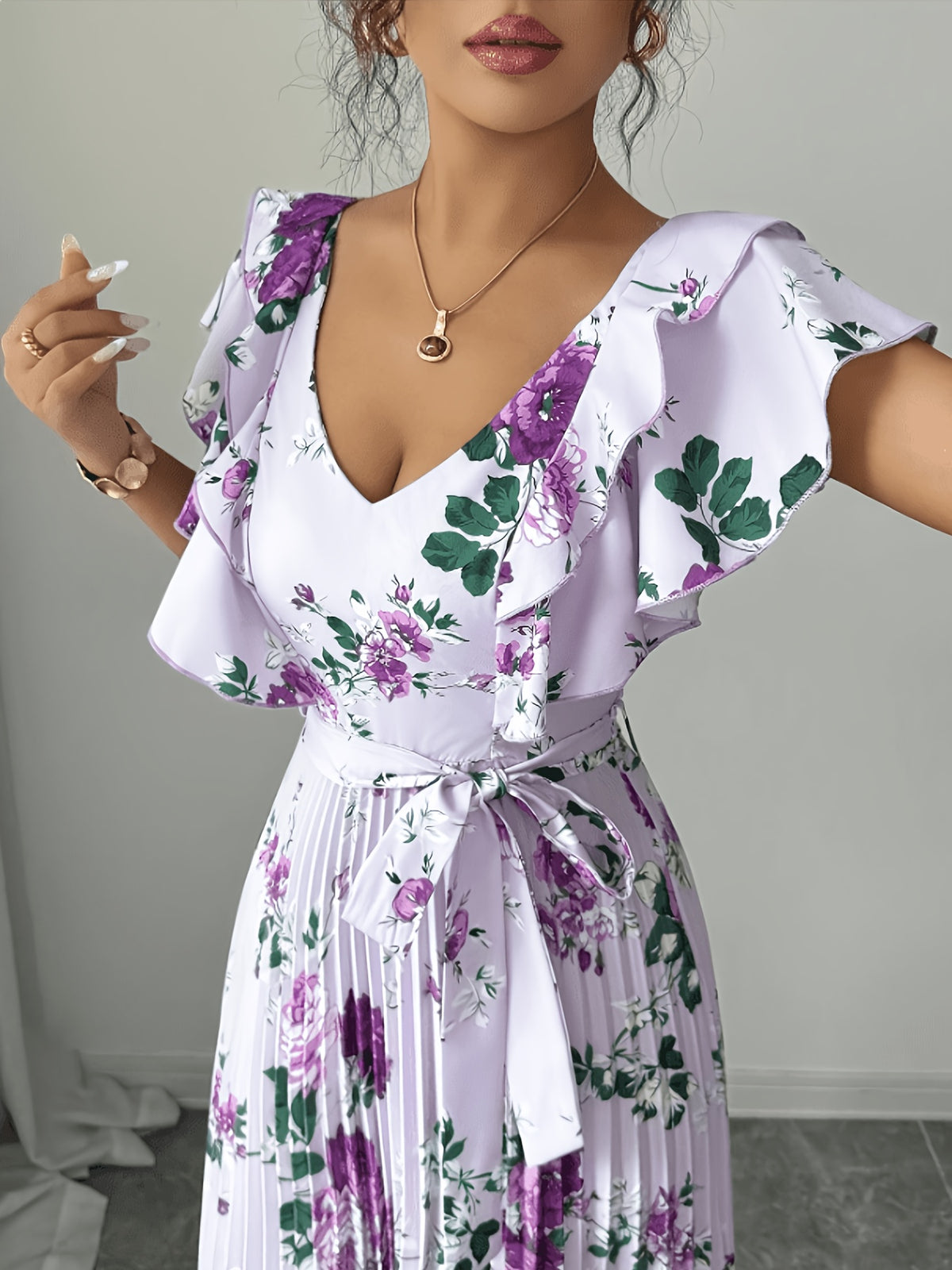 V-Neck Digital Floral Print Vacation Ruffled Waist A-Line Elegant Romantic Women'S Dress - Violet