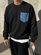 Black Crew Neck Sweatshirt with Faux Denim Patch Pockets, Perfect for Casual Everyday Wear - Black