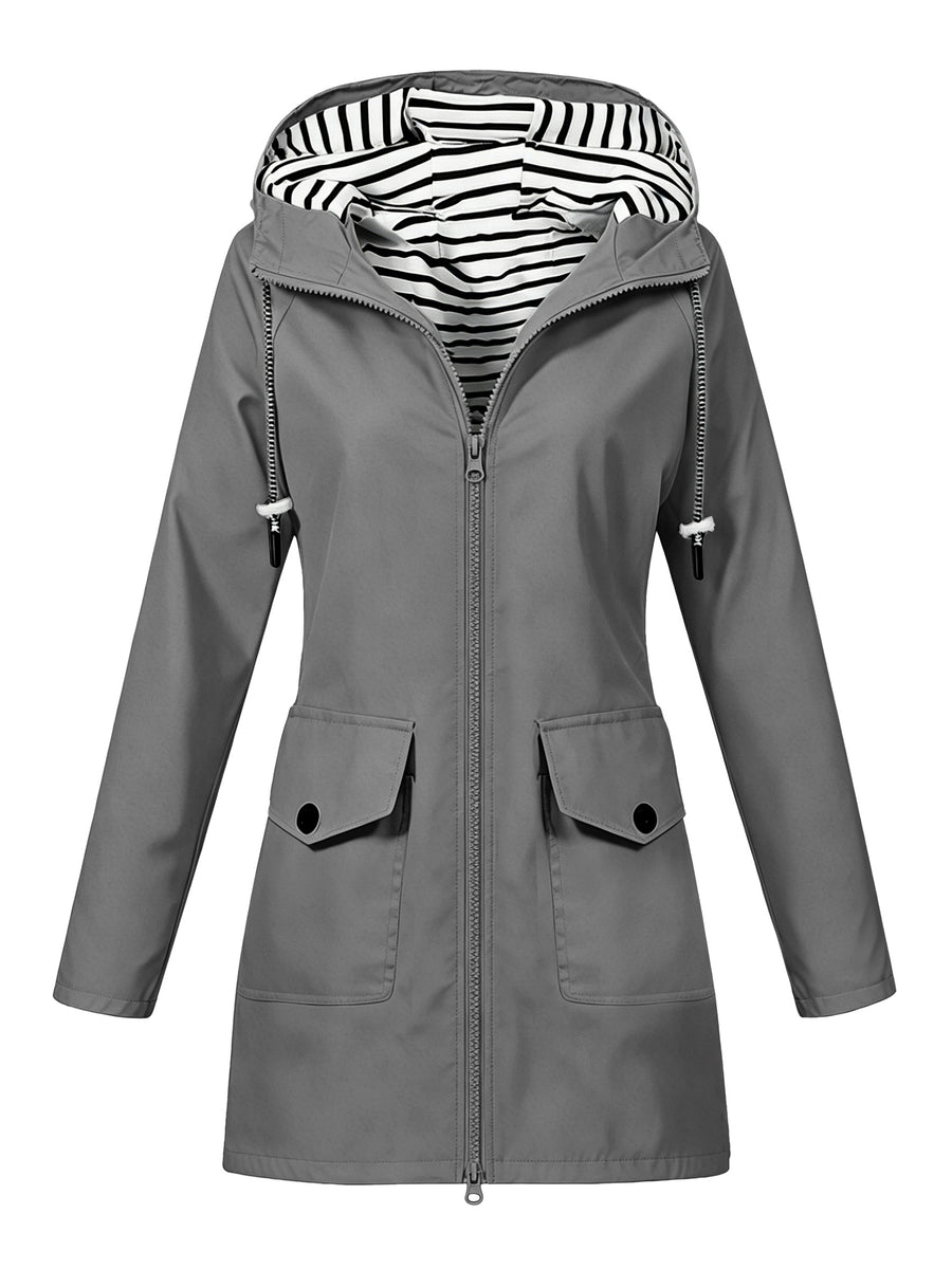 Women'S Hooded Outdoor Pocket Zipper Casual Mid-Length Trench Coat - Dark Gray