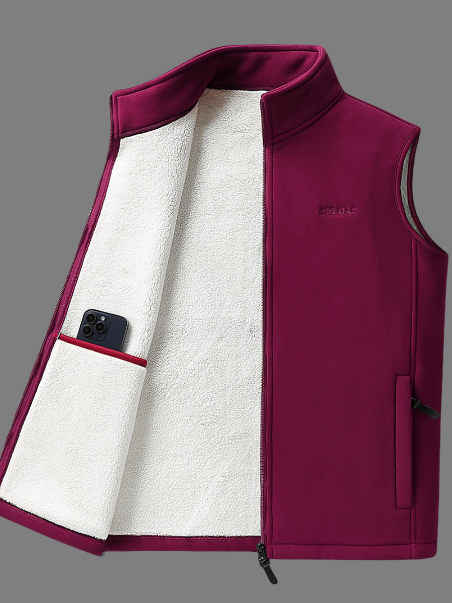 Men's Autumn Winter Casual Fleece-Lined Vest, Thickened Faux Blend Fleece Stand Collar Cardigan Vest for Outdoor and Home Wear, Warm Sleeveless Jacket Vest - Burgundy