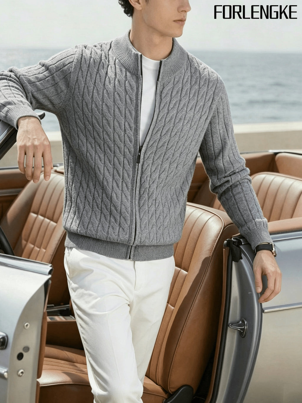 FORLENGKE Men'S Stand Collar Zip-Up Knit Jacket, Autumn And Winter Retro Cable Knit Sweater Cardigan, Comfortable Soft Long Sleeve Top, Everyday Commuting Casual Easy Versatile Knitwear in Multiple Colors - Grey