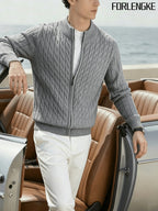FORLENGKE Men'S Stand Collar Zip-Up Knit Jacket, Autumn And Winter Retro Cable Knit Sweater Cardigan, Comfortable Soft Long Sleeve Top, Everyday Commuting Casual Easy Versatile Knitwear in Multiple Colors - Grey