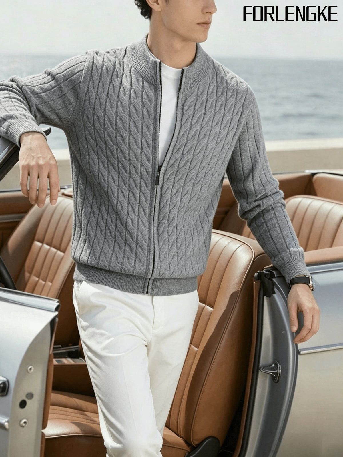 FORLENGKE Men'S Stand Collar Zip-Up Knit Jacket, Autumn And Winter Retro Cable Knit Sweater Cardigan, Comfortable Soft Long Sleeve Top, Everyday Commuting Casual Easy Versatile Knitwear in Multiple Colors - Grey