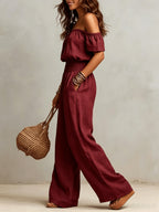 Vintage Off-the-Shoulder Sexy Sleeveless Drawstring Waist Wide-Leg Jumpsuit - Red