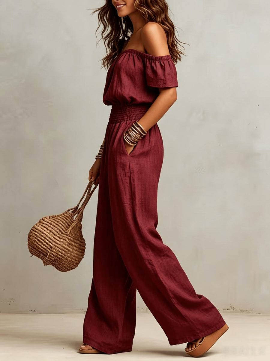 Vintage Off-the-Shoulder Sexy Sleeveless Drawstring Waist Wide-Leg Jumpsuit - Red