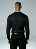 Autumn New Men'S White Checkered Henley Long Sleeve T-Shirt, Henley Collar Textured Top, Easy Rugged Slim Fit, Salon Gathering Casual Wear, Easy Fashion, Men'S Half-Open Long Sleeve - Black