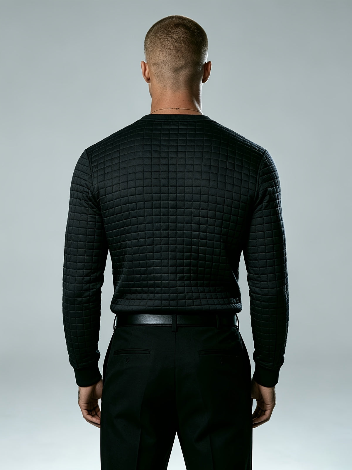 Autumn New Men'S White Checkered Henley Long Sleeve T-Shirt, Henley Collar Textured Top, Easy Rugged Slim Fit, Salon Gathering Casual Wear, Easy Fashion, Men'S Half-Open Long Sleeve - Black