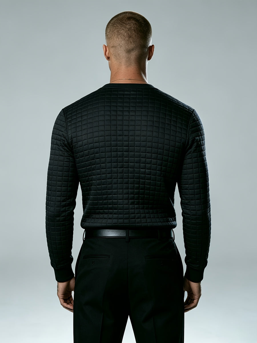 Autumn New Men'S White Checkered Henley Long Sleeve T-Shirt, Henley Collar Textured Top, Easy Rugged Slim Fit, Salon Gathering Casual Wear, Easy Fashion, Men'S Half-Open Long Sleeve - Black