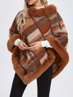 Bust (unlined)" "Length Includes Faux Trim" Elegant Special Edition 1pc Elegant Women's Round Neck Plaid Shawl Pullover, Faux Trim Patch Decoration, 100% Polyester Fiber, Stylish and Elegant European/American Style Thickened Warm Pullover - Light Brown-1