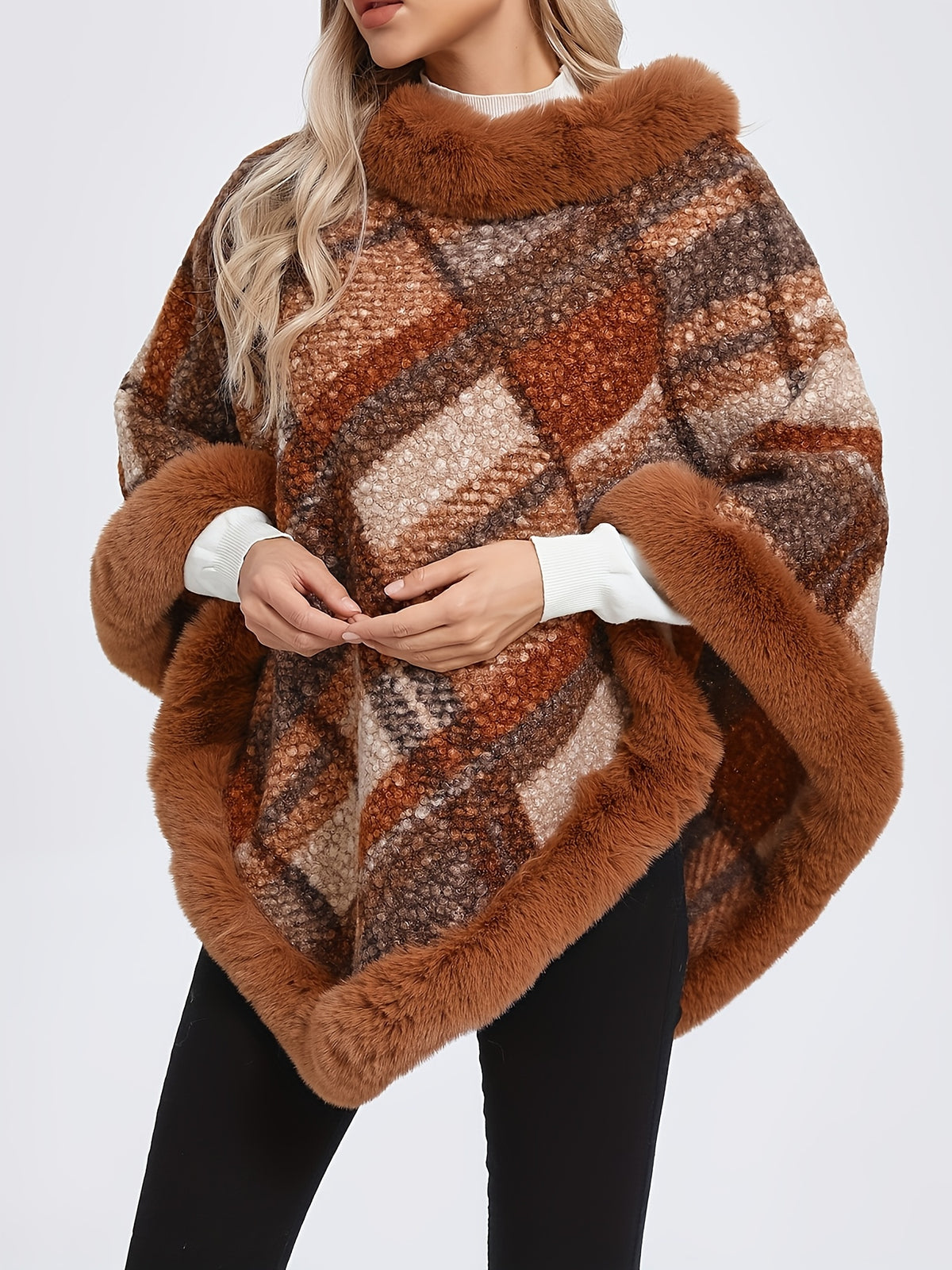 Bust (unlined)" "Length Includes Faux Trim" Elegant Special Edition 1pc Elegant Women's Round Neck Plaid Shawl Pullover, Faux Trim Patch Decoration, 100% Polyester Fiber, Stylish and Elegant European/American Style Thickened Warm Pullover - Light Brown-1