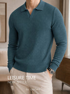 Men's Waffle Textured Long Sleeve Polo Sweater, V Notch Collar Soft Lightweight Knit Pullover, Slim Fit Business Casual Knitted Top for Office Daily Gentlemen Wear - Peacock Blue