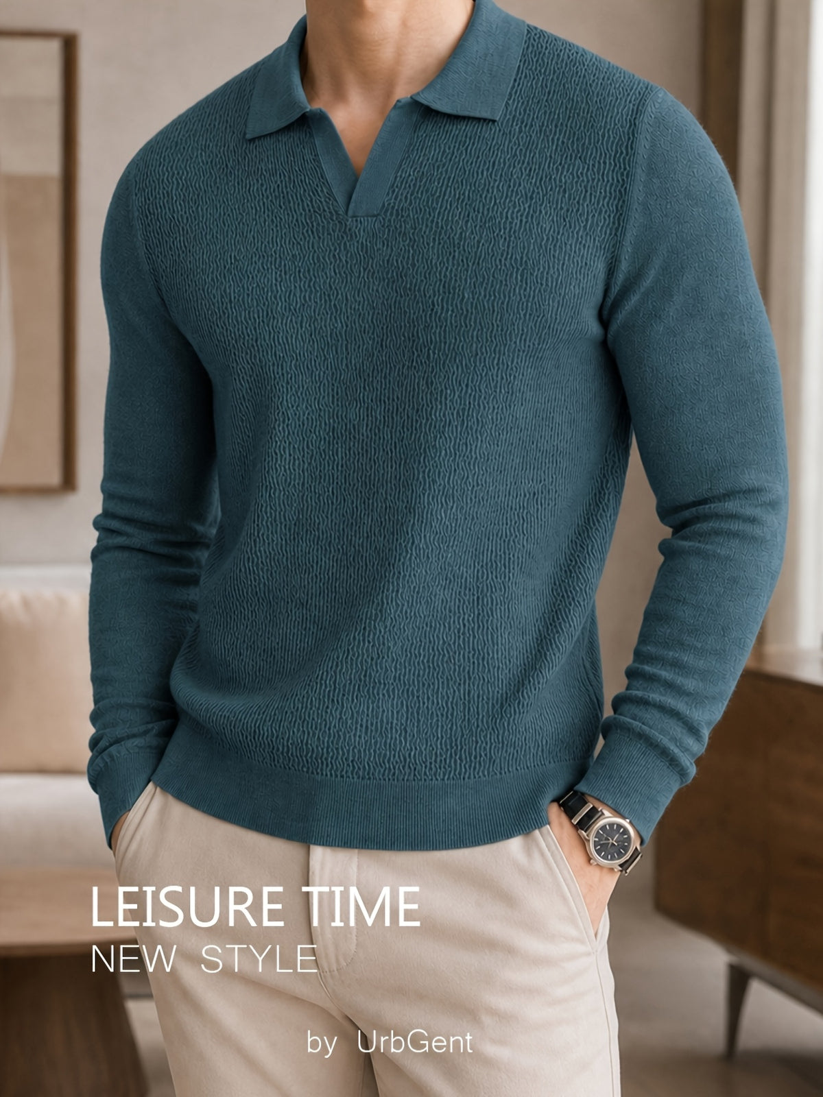 Men's Waffle Textured Long Sleeve Polo Sweater, V Notch Collar Soft Lightweight Knit Pullover, Slim Fit Business Casual Knitted Top for Office Daily Gentlemen Wear - Peacock Blue
