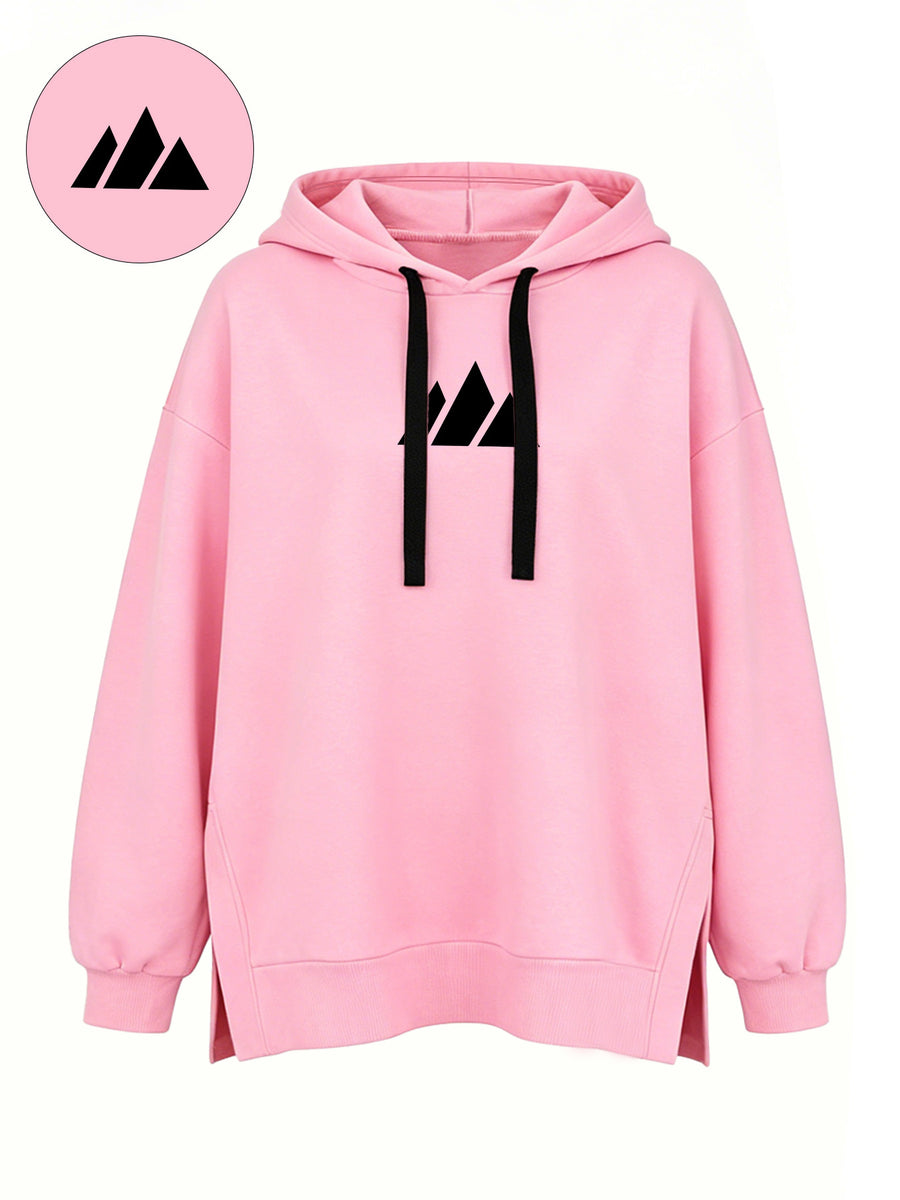 Women'S Fashion Hooded Sweatshirt for Autumn And Winter - Pattern Print Design, Side Slit Detail, Pullover Hoodie - Pink