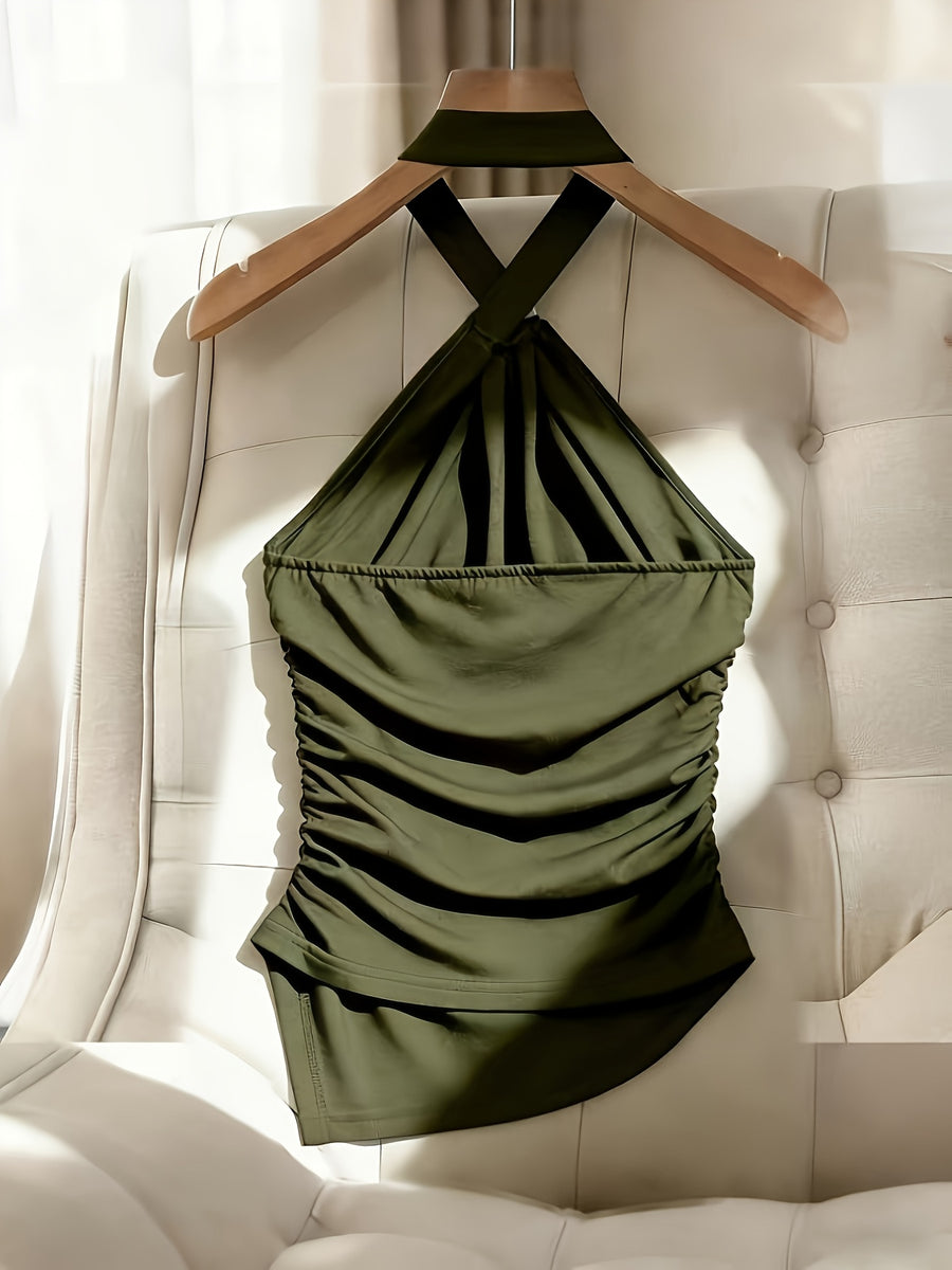 Spring Summer Women'S Slim Casual Asymmetrical Hem Vest, Metal Buckle Decor Sleeveless Halter Short Top - Olive Green