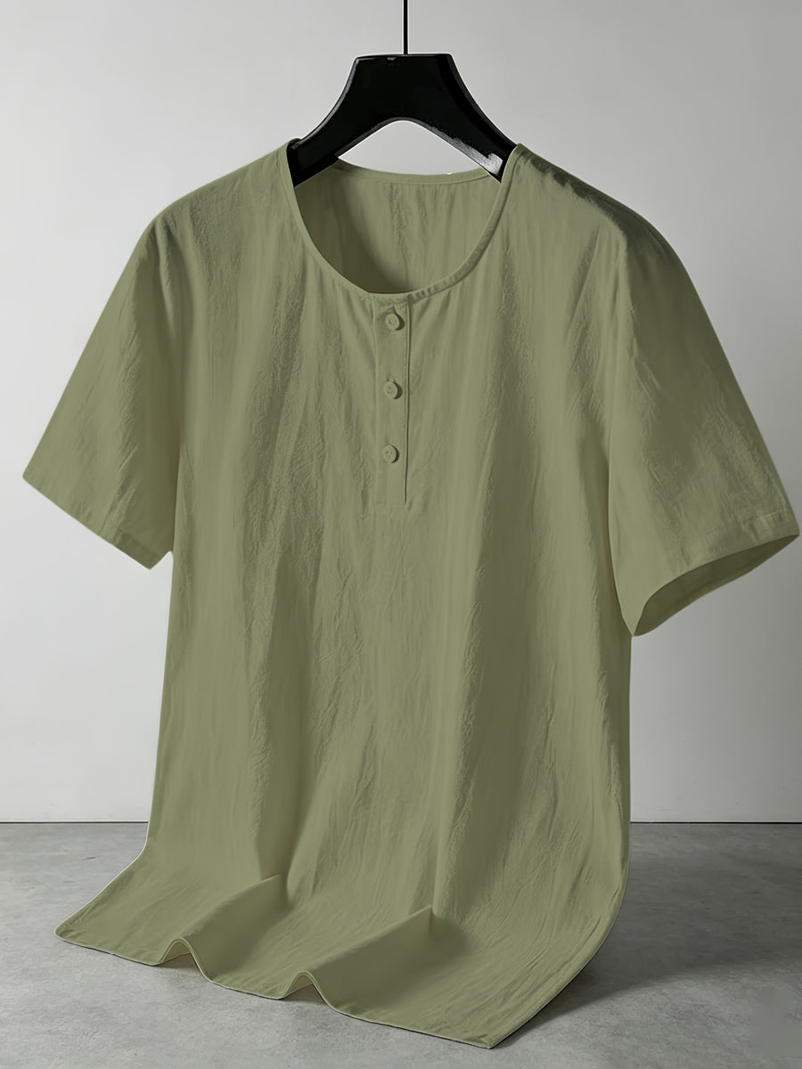 Men'S Summer -Linen Half-Zip Short Sleeve T-Shirt - Breathable Crew Neck Casual Top - Green