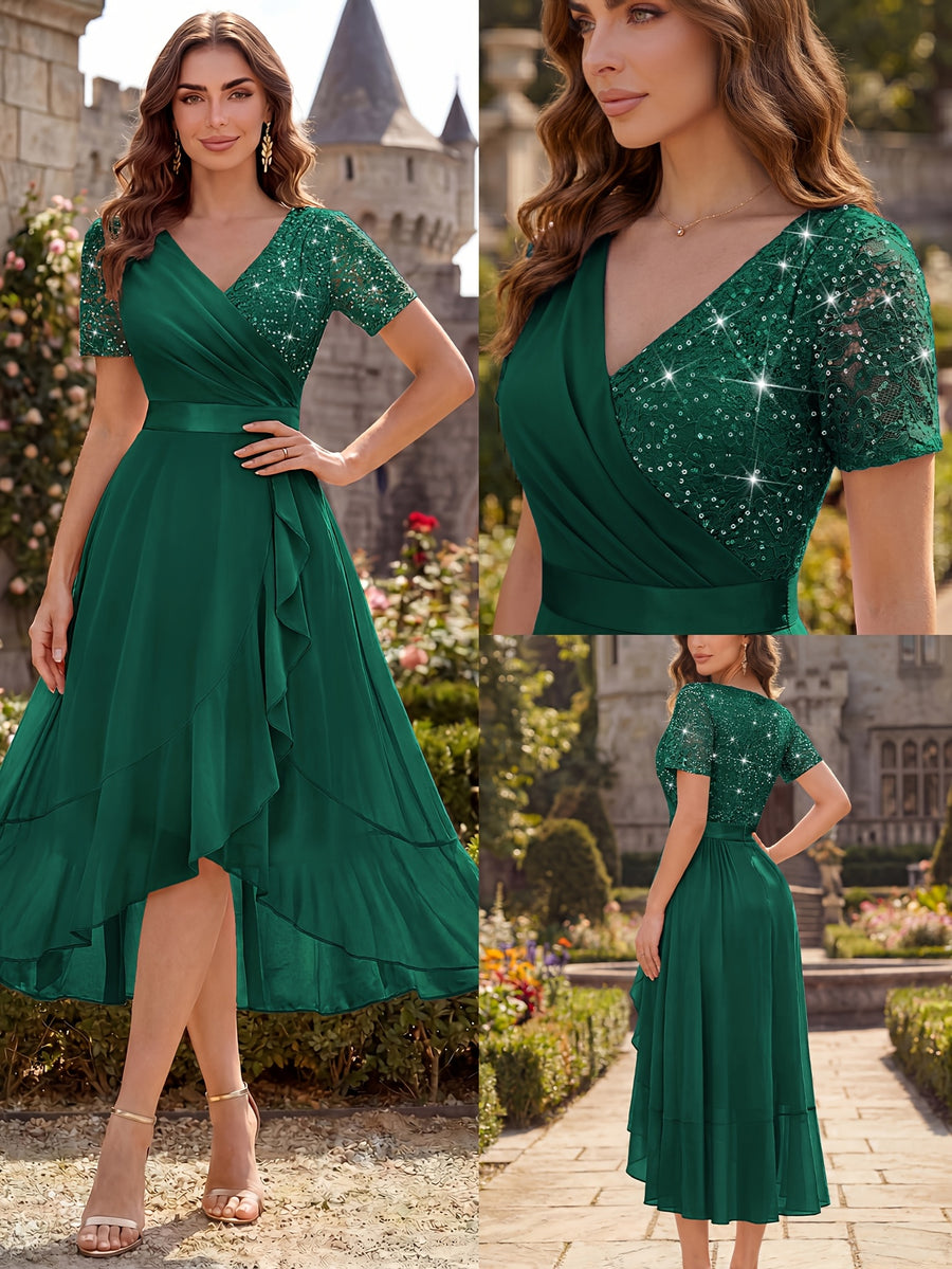 Women'S Elegant V-Neck Lace Chiffon Ruffled Trim Slit Wedding Party Long Dress - Dark Green