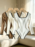 3pcs Women'S Elegant Square Neck Contrast Back Tight Jumpsuit, Brushed Ribbed Long Sleeve Top - Coffee+Apricot+White