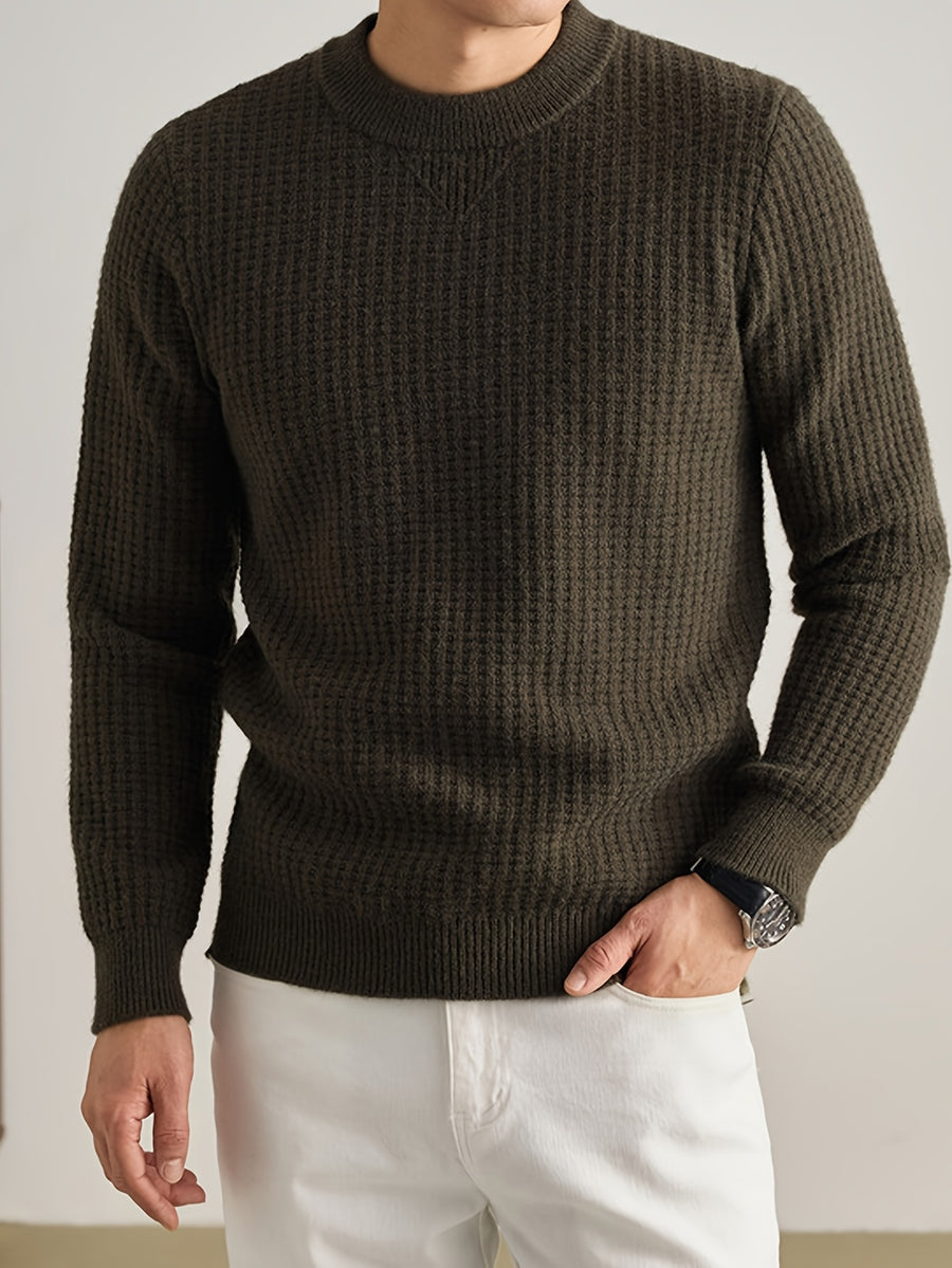Men'S Waffle Knit Round Neck Sweater, Full Waffle Texture Jacquard Checkered Knit, Strong Three-Dimensional Feel, Thicker Than Regular Plain Knit, Better Warmth - SINBOS - fern green