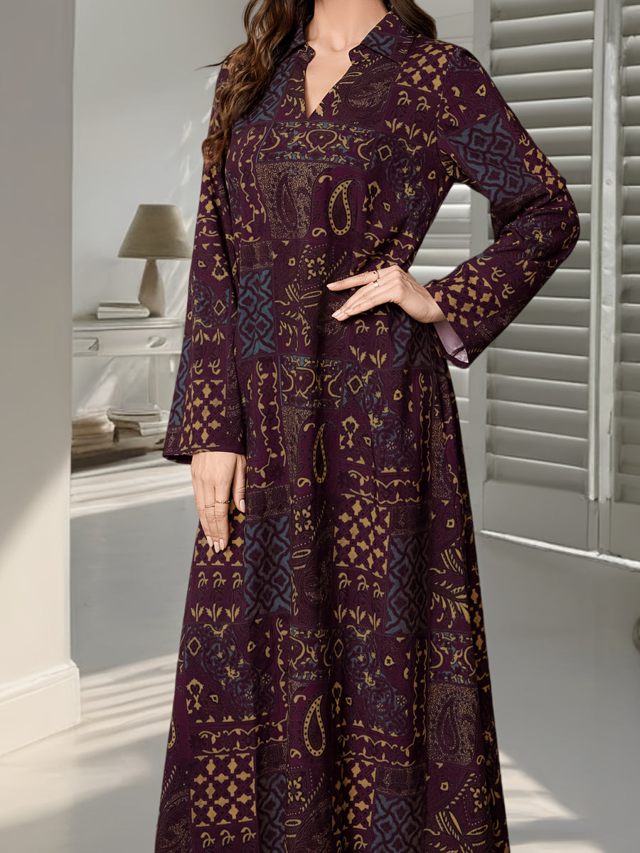 New Spring/Autumn Middle Eastern Style Elegant Women's Paisley Print Long Dress, Loose Fit Holiday Style Lapel Collar Long Sleeve Dress - Fuchsia