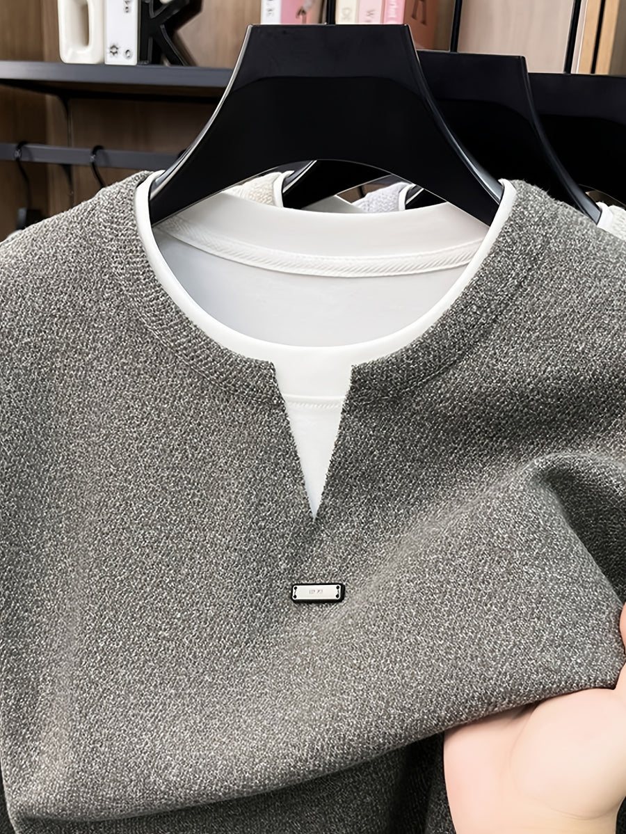 Men's 2-in-1 Look V-Neck Sweatshirt, Loose Drop Shoulder, Casual Pullover Long Sleeve, Suitable for Daily Commuting and Leisure. -SINBOS - Coffee Color