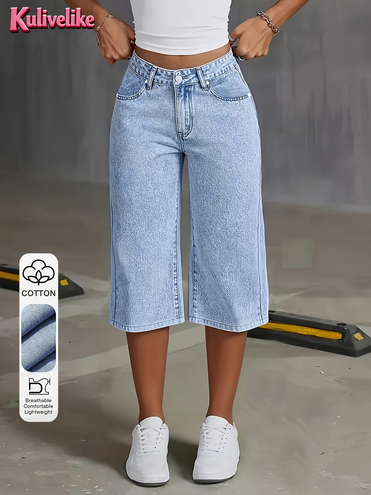 2026 New Light Blue Washed Denim Ankle Wide-Leg Pants, High-Waist Drapey Loose Commuter All-Match Bermuda Shorts - Light Blue