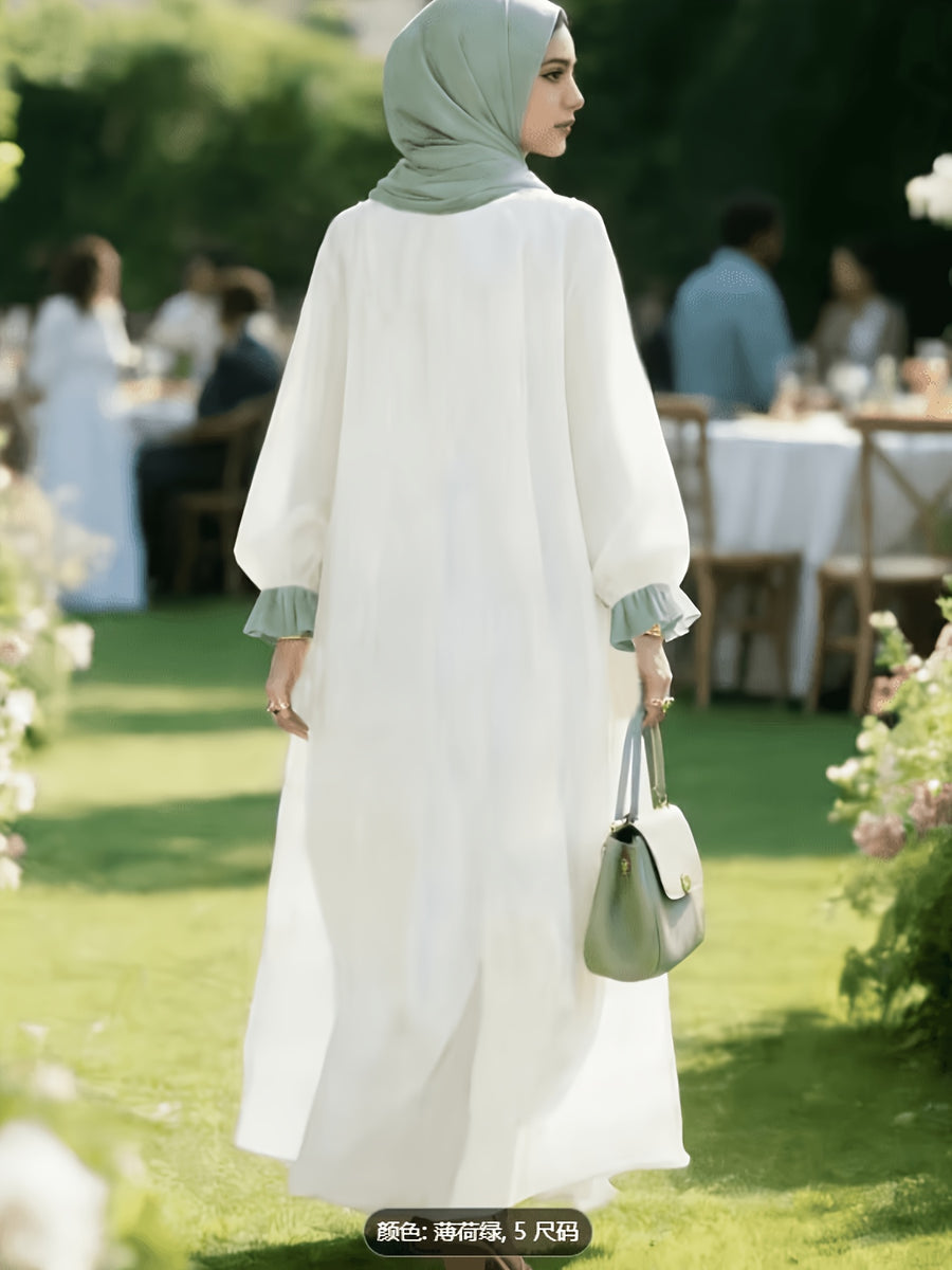 Middle Eastern Traditional Outfit: Cardigan + Headscarf (Inner Wear Not Included) - White