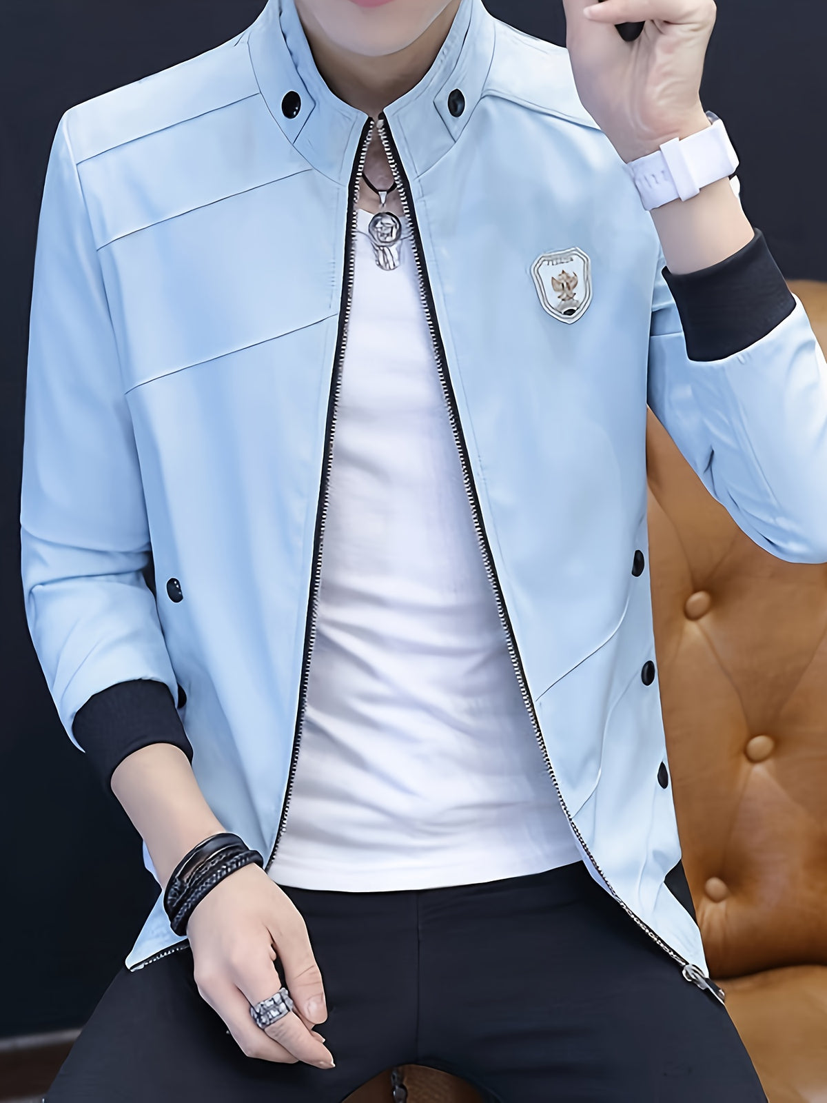 Men's Slim-Fit Stand Collar Jacket - Elegant Beige Polyester with Black Accents, Casual Business Style for Spring and Fall, Stylish Layering Piece | Zipper Closure Jacket | Tailored Fit - 10602 Badge - 888 Blue
