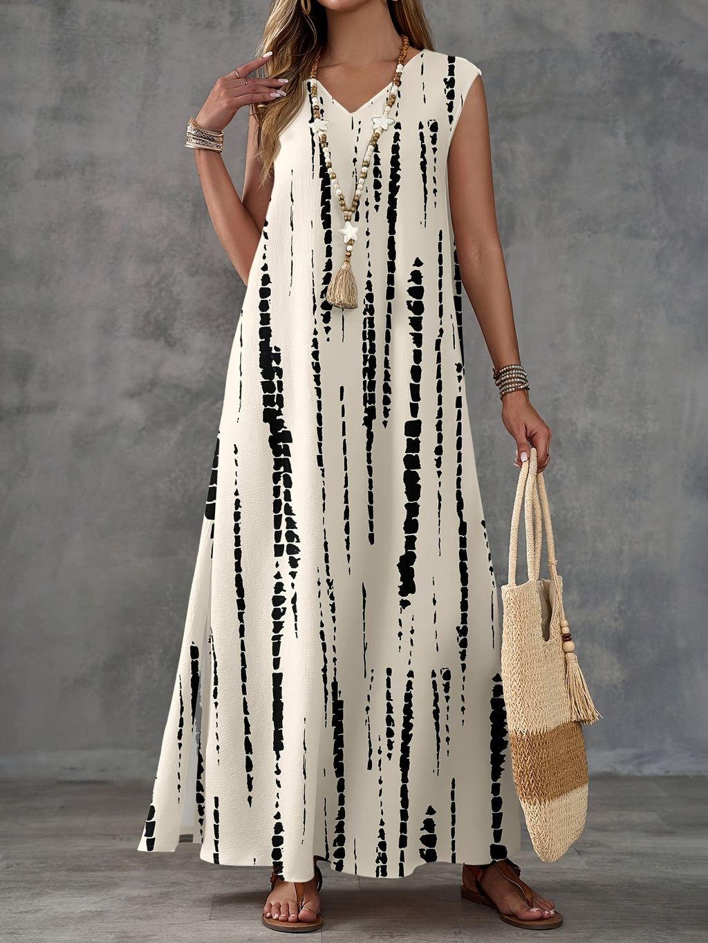 Women's Casual Minimalist Geometric Print Dress, Suitable for Spring/Summer Vacation Wear, Summer Dress - Milky