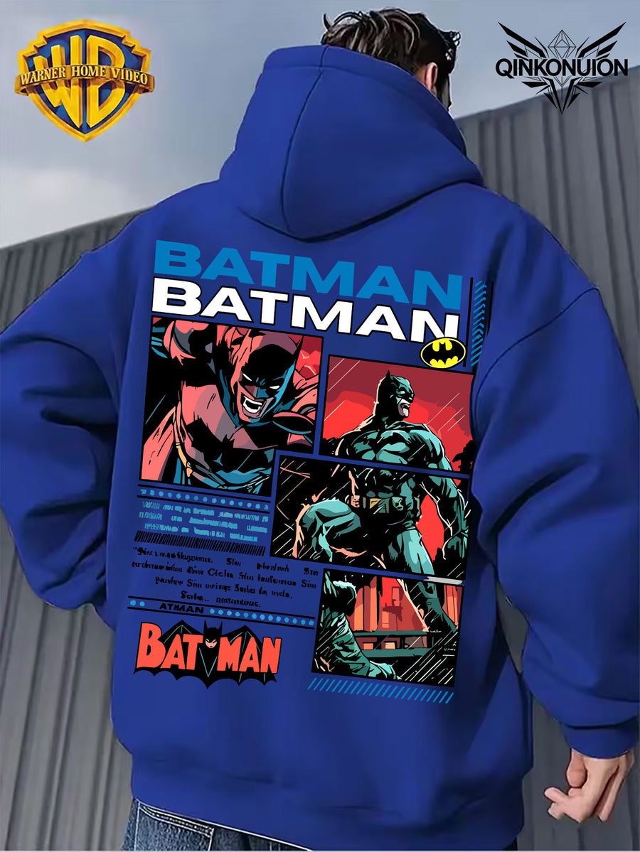 Warner Official Men'S Retro Comic Style Batman Hot-Blooded Trendy Printed Drawstring Hoodie, Warm And Machine Washable for Autumn And Winter, Multifunctional Street Sports And Leisure Loose Edition - Blue