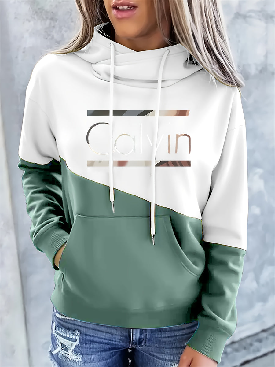Women's Fashion Color Block Letter Pattern Casual Hooded Sweatshirt - Light Green White