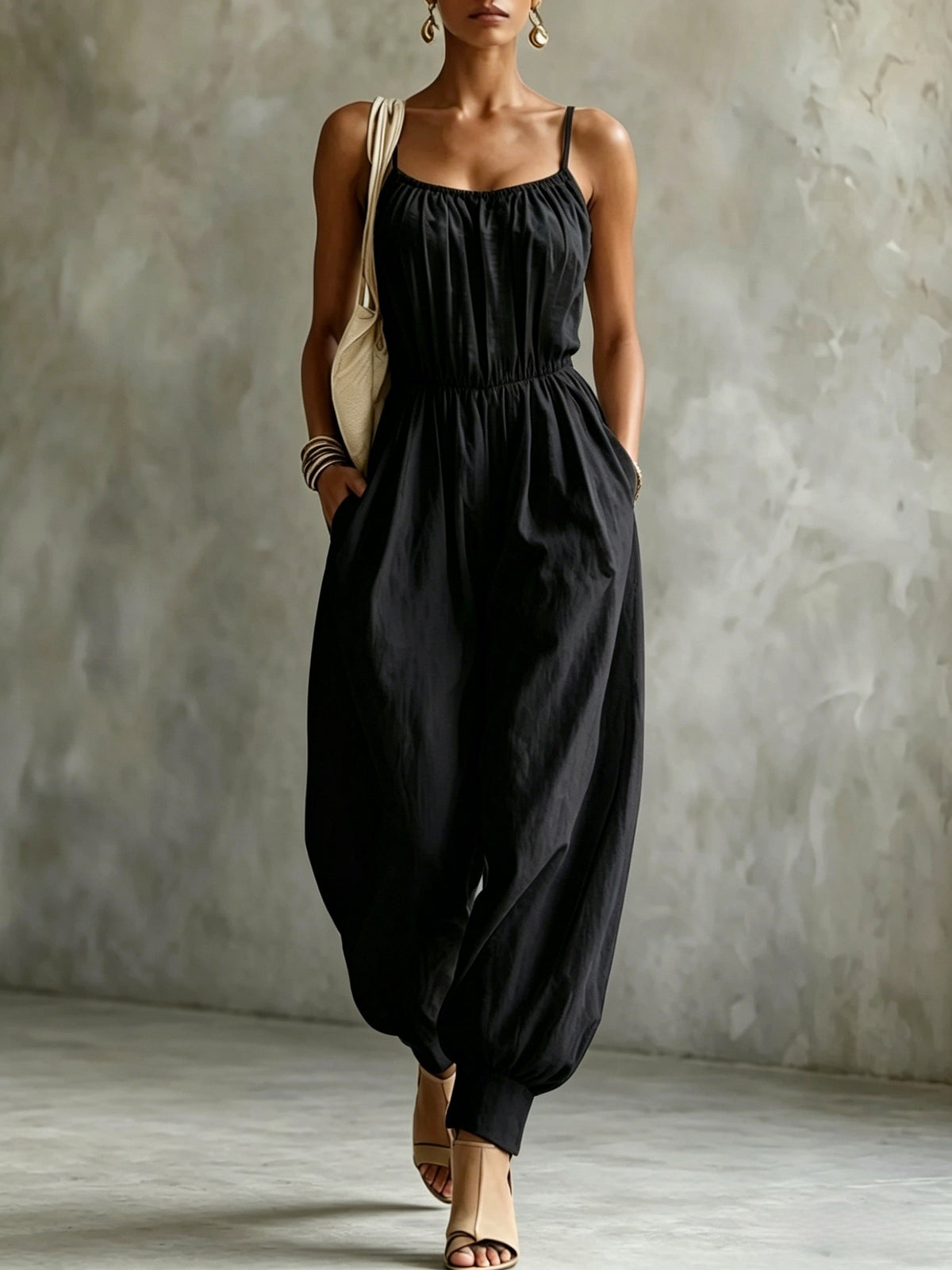 Women'S Elegant Vacation Style Cami Solid Color Backless Jumpsuit - Black